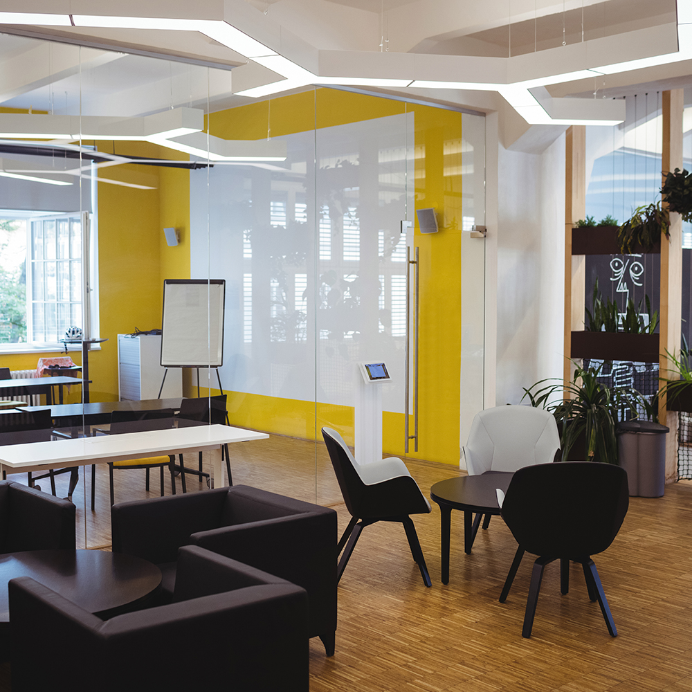 Modern, bright interior of corporate office.