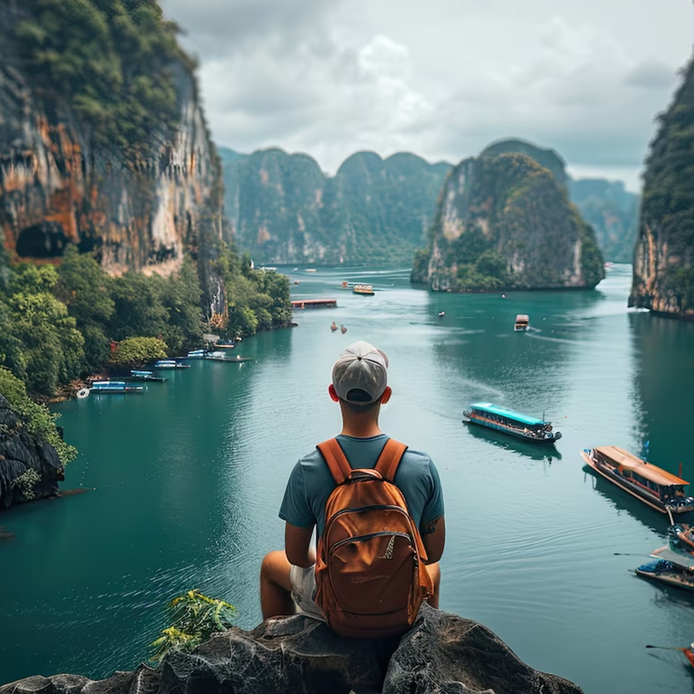 Man overlooking scenic tourism landscape.