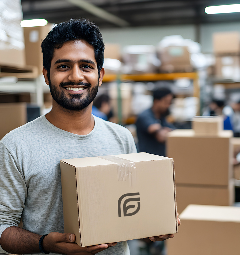 Smiling purchaser holding package in a warehouse