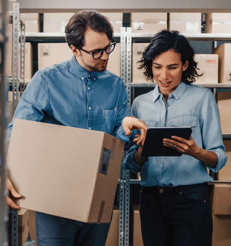 Staff managing inventory and facility management.
