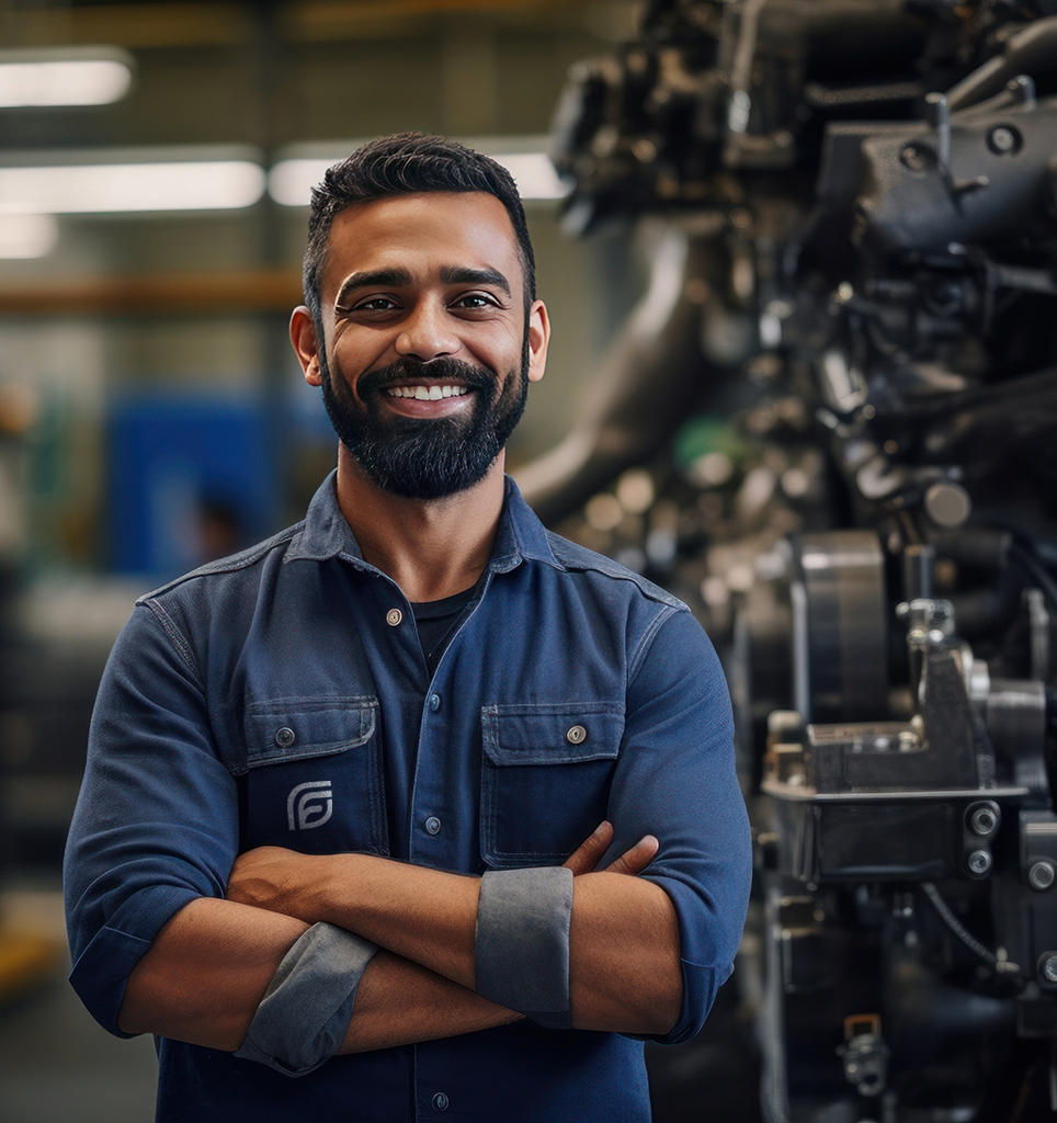Smiling technician with arms crossed in workshop