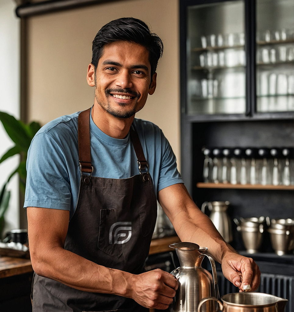 Smiling barista preparing coffee in a commercial setting
